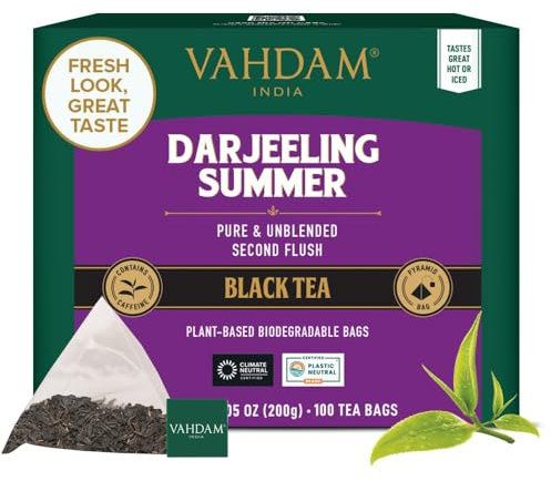 VAHDAM, Darjeeling Summer Té Negro (100 Piramidales Bolsitas De Té) Bolsas De Té Darjeeling Sin Mezclar Puras | Ingredientes 100% Naturales, Envasado Fresco En La India | Caliente/Frío O Como Kombucha