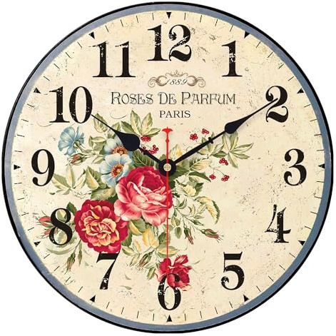 VIKMARI 14 Inch Wooden Wall Clock Vintage Parfum Roses Flowers Pattern Silent Non Ticking Art Hanging Clocks Battery Operated Decorative Indoor Wall Clocks