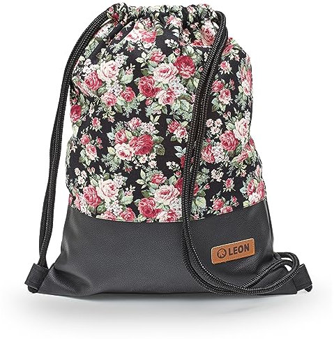 By Bers Leon großer Premium Turnbeutel mit Innentaschen Rucksack Tasche Damen Herren Teenager Gym Bag Draw String 45x34cm für Sport Reise Alltag Einkauf (GrauRose_SWPu)