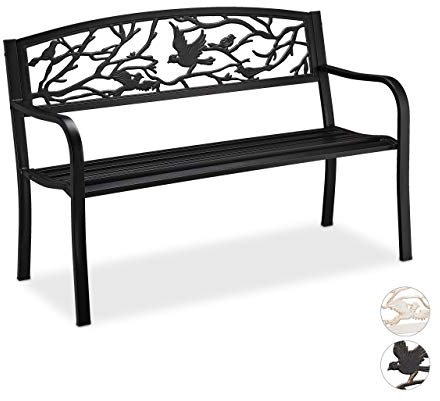 Relaxdays Gartenbank, Vögel Muster, 2-Sitzer, Vintage, Garten & Balkon, Stahl, Sitzbank, HBT: 87x127x57 cm, schwarz