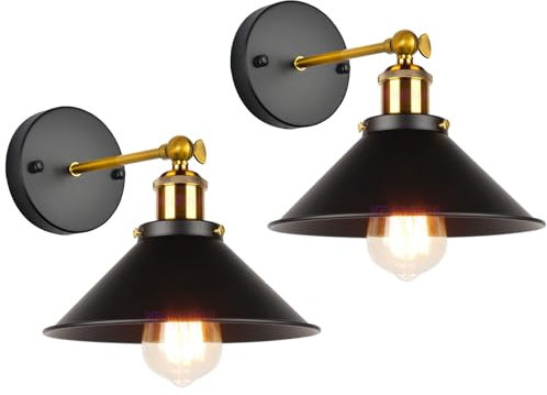 iDEGU 2 Stück Industriell Wandleuchte, E27 Vinatge Lampe im Edison-Stil Metall Lampenschirm 240° Verstellbare Wandlampe für Schlafzimmer Wohnzimmer Bar, 220 mm, Schwarz