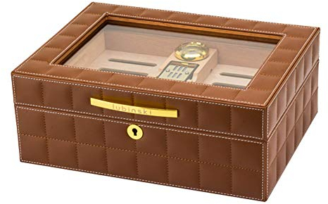 AKT Zedernholz Humidor Zigarrenschachtel Lederoberfläche Große Kapazität Von 50 Zigarren Zigarrenaufbewahrungsbox mit Hygrometer Luftbefeuchter,Brown