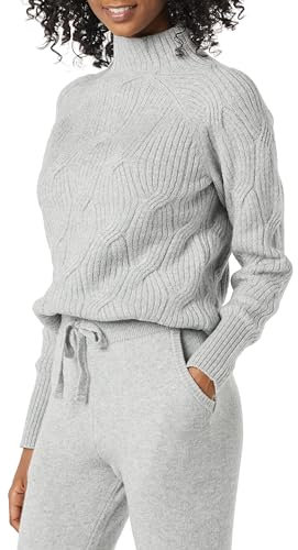 Amazon Essentials Damen Langarm-Pullover Für Den Winter, Soft-Touch-Zopfmuster Mit Trichterausschnitt, Grau Meliert, L