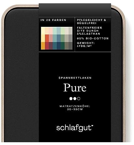 Schlafgut Pure Spannbettlaken 180x200cm bis 200x220cm - 95% Biobaumwolle, 5% Elasthan, Oeko-TEX Zertifiziert, Off-Black, Matratzenhöhe bis 35cm