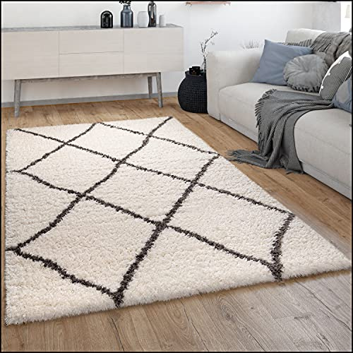 Paco Home Hochflor Teppich Wohnzimmer Shaggy Langflor Skandinavisches Rauten Muster Modern, Grösse:60x90 cm, Farbe:Creme 6