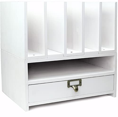 Excello Global Products Vertikale Briefablage aus Holz mit Schublade: Desktop-Organizer für Akten, Ordner, Ordner, Notizbücher, Stifte, Bleistifte und Bürobedarf (weiß)