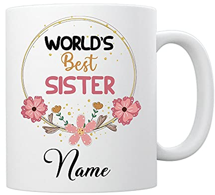 EnvyFone World's Best Sister - Personalised Mug - Birthday Gift - Add Name/Relation - Flowers/Pink Floral Design - Ladies - Girls - Novelty Tea Coffee Cup