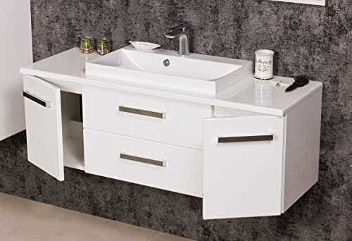 Quentis Badmöbel Susan, Breite 120 cm, weiß glänzend, Waschbecken, Waschtischplatte mit Unterschrank, 2 Schubladen, Softeinzug, 2 Türen, Waschbeckenunterschrank montiert