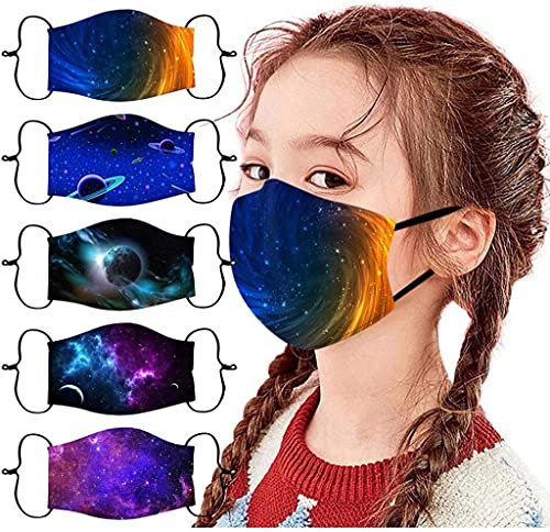 Schutzmaske für Kinder, wiederverwendbar, waschbar, weiche Baumwolle, Sterne, Weltraum-Muster, mit verstellbaren Ohrschlaufen, atmungsaktiv, Hautpflege, Anti-Staub, für den Außenbereich (B)