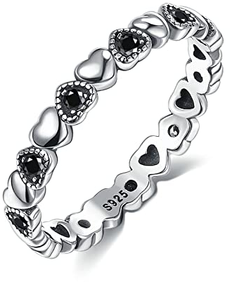 Gualiy Ringe Silber Damen, Damen Ringe Vintage, Herz mit schwarzem Zirkonia-Ring für Damen in Sterling Silber 925, Silber Schwarz, Ringgröße 57 (18.1)
