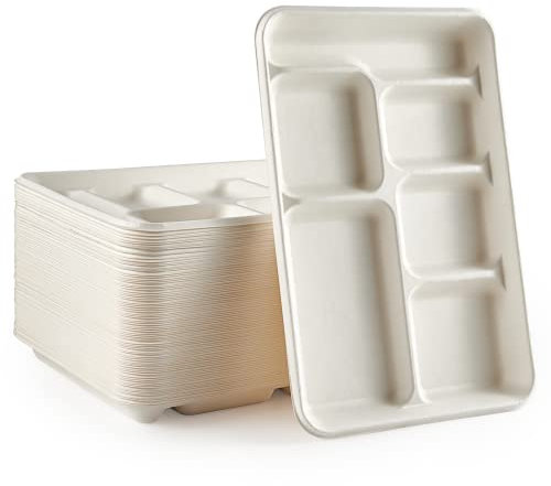 Vplus 100% Compostable 6 Compartment Plates, 90 Pack Compartment Paper Plate, 12.5x8.6 inch Disposable School Lunch Trays, Eco-Friendly Bagasse Plates for School Lunch, Buffet, and Party