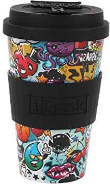 IDRINK® - Tasse à café RPET avec bouchon en silicone ouvrant, facile à porter 435 ml, Mug à emporter en plastique recyclé 8.7 x 8.7 x 15 cm ergonomique 435 ml (URBAN)