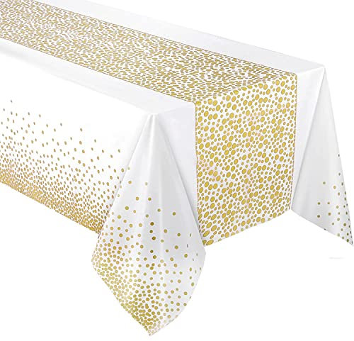 Yiran Weiß und Gold Party Tischdecke Einweg für Rechteck Tisch, Gold Dot Confetti Geburtstag Tischdecke, für Baby Shower, Jungen Geburtstag, Jahrestag, Single Party, Tea Party, Hochzeit 137cm x 274cm