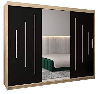 E- MEUBLES Armoire de Chambre avec 3 Portes coulissantes et Miroir Style Contemporain Penderie (Tringle) avec étagères (LxHxP): 250cmx200cmx62cm Maltese 1 (Chêne Sonoma + Noir)