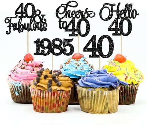 Gyufise 30Pcs 40th Birthday Cupcake Toppers 40 Fabulous Cupcake Picks Cheers to 40 1985 Cake Decorations for Happy 40th Birthday Wedding Anniversary Party Decoration Supplies Black