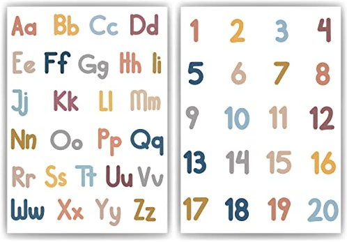 Tigerlino® ABC Kinderposter 2er Set Alphabet Lernposter Buchstaben & Zahlen | Kinderzimmer Wandbilder Kindergarten Grundschule Kinder Lernhilfe Poster (DIN A4)