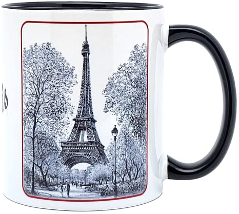 DESSAPT Arts - Paris, la tour Eiffel et l'Arc de Triomphe - Mug Céramique 325 ml - Tasse-Cadeau Unique avec les Magnifiques Paysages Parisiens - Imprimé en France - Blanc et Noir