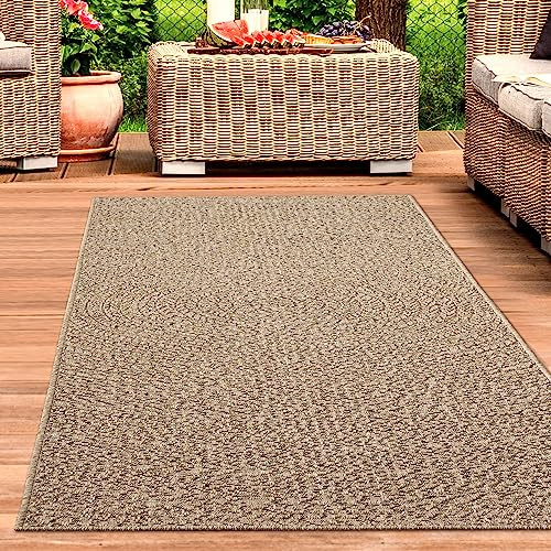 CARPETIA In- & Outdoor Teppich Kreismuster Beige Sisal-Optik 140x200 cm | Pflegeleicht, wetterfest, UV-beständig und langlebig, OEKO-TEX geprüft, für Balkon, Terrasse & Wohnräume