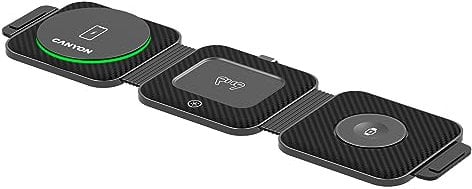 CANYON Faltbar 3 in 1 Ladestation Apple Watch und iPhone Airpods mit Reisetasche Wireless Charger 3in1 für iPhone 16/15/14/13/12/11/XR/XS Apple iWatch 10/9/8/6/5/4/3/SE/Airpods Pro/3/2 Reiseladegerät