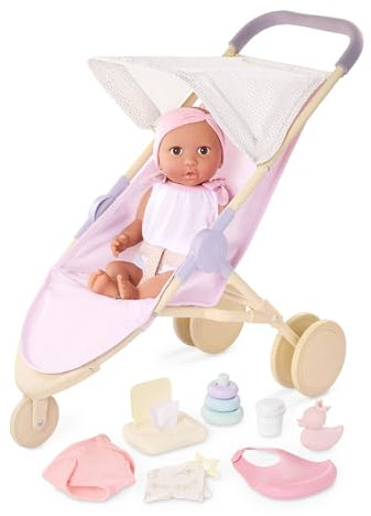 LullaBaby – Baby Puppe mit Puppenwagen, Wickelset – Honig Hautton & braune Augen – 36 cm Babypuppe Weichkörper – mit Puppenkleidung & Baby Puppenzubehör – Spielzeug für Kinder ab 2 Jahren