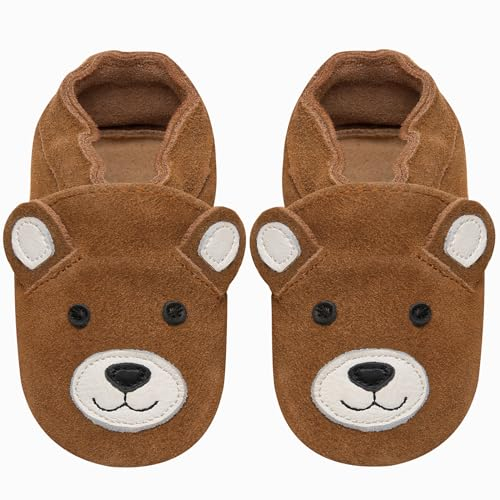 IceUnicorn Baby Lauflernschuhe Krabbelschuhe Baby Mädchen Jungen Lederpuschen Weicher Leder Wildledersohlen Lederschuhe Babys(Kastanienbär, 6-12 Monate)