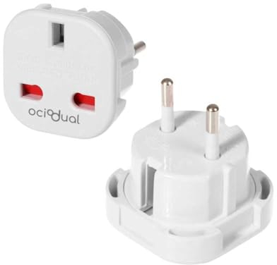 OcioDual Adattatore UK Ita, Adattatore Presa UK, Spina Inglese, Regno Unito all'UE, Adattatori Prese Inglesi, Spina da Viaggio, Convertitore da 3-pin a 2-pin, Presa UK Italiana, Bianco