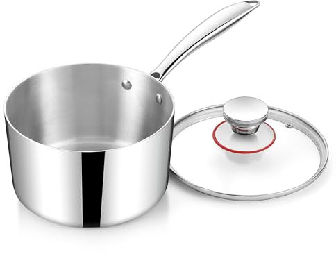 HaWare Casserole à poignée, 14 cm, pour induction, avec couvercle en verre, 3 couches, en acier inoxydable, petite casserole pour tous les types de feux, casserole de 1,4 l, saine et non revêtue