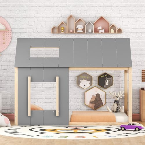 KecDuey Hausbett 90x200cm,Kinderbett,Massivholz mit Lattenrost, Kinder und Jugendzimmer,Einzelhaus-Flachbett mit Dach und Fenster (Natur + Grau, 90 x 200 cm)