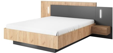 Vente-unique-Bett mit Nachttischen - 140 x 190 cm - 2 Schubladen - Mit LED-Beleuchtung - Holzfarben & Anthrazit - FRANCOLI