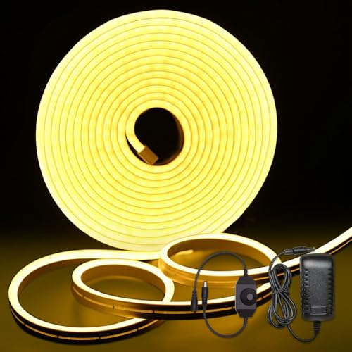 MMEEVT Neon Led Strip - 5M Led Strip Warmweiss,12V Dimmbar Wasserdicht 3000K Neon LED Streifen, DIY Flexibler Neon LED Lichtband für Heim Küche Deko(with Netzadapter)