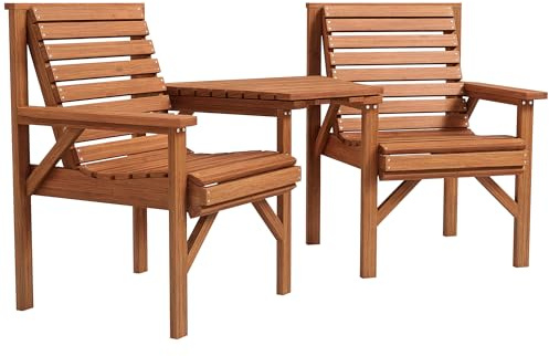Outsunny Wooden Garden Love Seat, 2 Seater Jack & Jill Companion Seat with Coffee Table and Parasol Hole, Partner Bench, Table and Chairs Set, Outdoor Furniture for Garden, Balcony, Patio, Tan