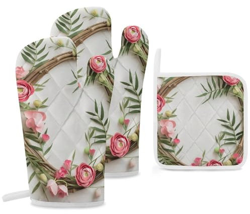 Guanti da cucina e presine fatti a mano, set di 3, resistenti guanti caldi con guanti antiscivolo per barbecue, per cucina, cucina, cottura al forno, grigliate