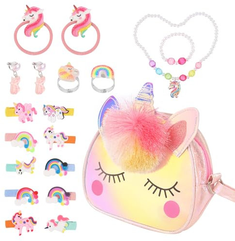 RISVOWO 19-Teiliges Set Einhorn Handtaschen, Kinder Schmuckset, Einhörnern Kinderschmuck Halskette Armband, Ring, Haarspange, Geburtstagsgeschenk Mädchen 2 3 4 5 6 Jahre