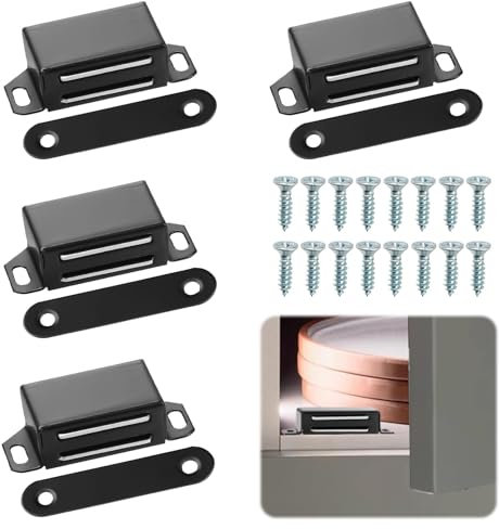 4 PCS Stainless Steel Magnetic Door Catch,6kg Pull Strong Cabinet Magnets, Magnetic Catches for Cupboards Door Closer Latches for Kitchen Cupboard, Wardrobe, Closet, and Drawer (Black)