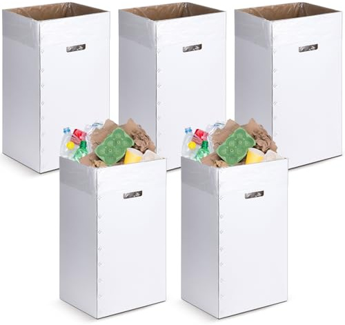 Tioncy Lot de 5 poubelles jetables et réutilisables en carton ondulé avec 10 sacs poubelles blanches pour fêtes, événements (125,7 l)