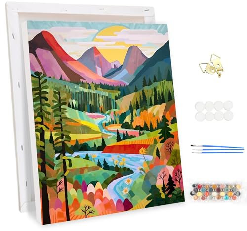 MEIYUDA Peinture par Numero Adulte avec Cadre Montagnes Colorées, DIY Kit Peinture Soleil Levant, Pinceaux Peinture de Dessin de Pigment Acrylique, Loisirs Créatifs Decoration Maison Cadeau 30x40cm