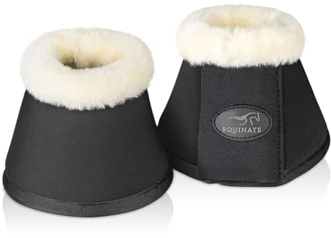 Equinate Hufglocken Furlyn mit synthetischem Lammfell M Schwarz - Robuste und stoßdämpfende Neopren Springglocken - Hufschutz für Training und Turniere - 2er Set