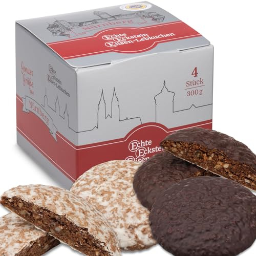 Eckstein Nürnberger Elisen-Lebkuchen · 4 Stück gemischt · 300g | Schoko und Zuckerglasur · einzeln verpackt · saftig mit Haselnüssen und Mandeln · Familienrezept seit 1955 · für unterwegs