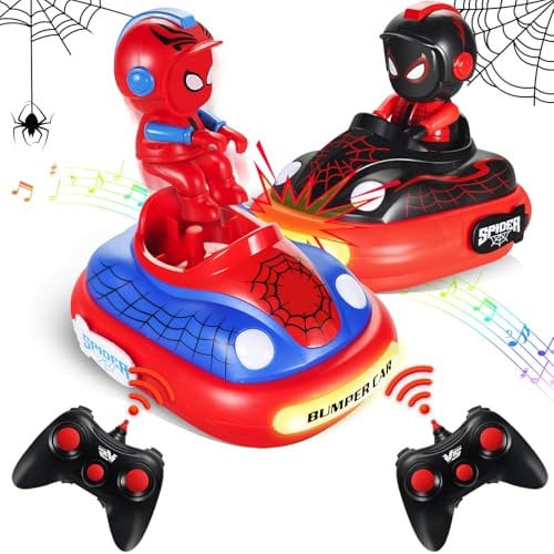 Pwtuuki Spider Remote Control Bumper Car 2 Pack w/Light & Sound 360° Rotating Spider Figures Bump and Eject Cars Toys for Kids Boys Girls, Christmas Birthday Gifts for Kids Boys Girls Aged 3+