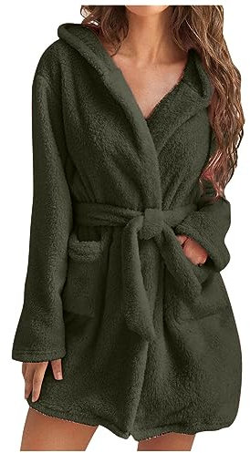 UHouse Bademantel Damen Kurz mit Kapuze Oversized Morgenmantel Leicht Frottee Saunamantel Flauschig Loungewear Fleece Hausmantel Kimono Bathrobe Herbst Winter Warehouse Deal Armee Grün M