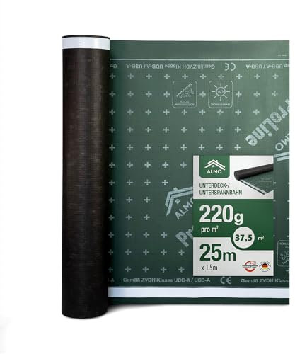 ALMO Durchtrittssichere UV Unterspannbahn 37,5m² (25m x 1,5m) 220g/m² UV-beständige & wasserabweisende Unterdeckbahn, diffusionsoffen & gitterverstärkt mit 2 starken Klebestreifen