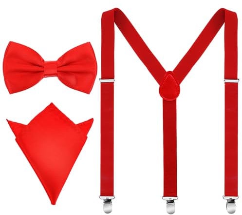 JIYIN Hosenträger Herren Set, Rot Breit Mit Fliege Und Einstecktuch, 2,5 Cm Verstellbar Männer X-Form