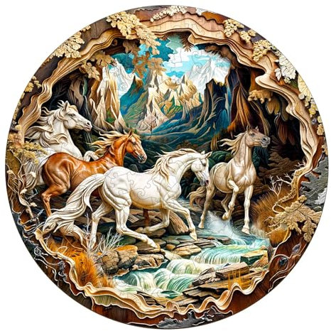 KaayeeWood Holzpuzzle Erwachsene,3D Vision Effekt Pferd Holzpuzzle,Einzigartige Wooden Puzzle Mit Geschenkbox,Geschenke für Kinder und Erwachsene(34 * 34cm-300 Stück)