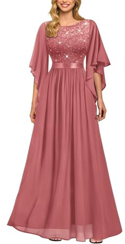 MIUSOL Women's Elegant Sequin Insert Lace Chiffon Scoop Neck Flare Sleeve Evening Prom Formal Long Dress (Large, Round Neck - Rosiness)