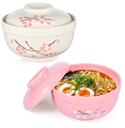 mekueeex 2 Pack Ceramic Ramen Noodle Bowl, 27 OZ Big Ramen Bowl with Lid, Japanese Hand-Painted Ceramic Tableware, Durable Floral Soup Bowl for Noodles, Porridge, Rice, Dishwasher Safe(Pink, Beige)