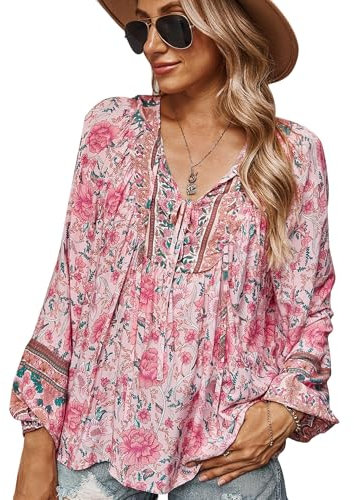 Kleidung Damen, Damen Bluse Elegant LäSsige Boho V-Ausschnitt Blumenmuster Loose Mode Tunika Langarm Sommer Leicht Und Luftig Strandhemd Ausgefallene DüNne Blusenshirt