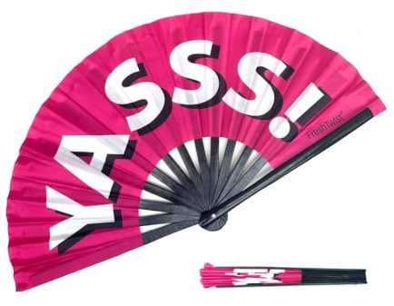 Large Folding Pink Fabric Hand Fan Hand Folding Bamboo Fans, LGBTQ+ Pride Parade, Performance, Dance, Festival, Clubbing, Ibiza, Gift. Tear resistent, water resistent printed YASSS! (1 Pack)