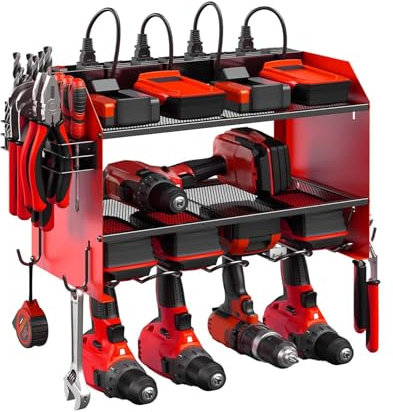Duffy Heavy Duty Wall Mounted Power Tool Organizer Rack, 2-Tier Steel Drill Holder Shelf with Hooks & Side Slots for Screwdrivers, Wrenches - Red Garage Storage Rack