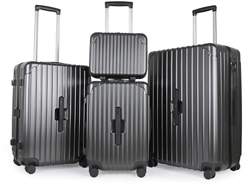 JLY 14/20/24/28 4 Piece Hard Shell Set with Vanity Case, Onyx Black | ABS+PC construction, TSA locks, cup holder, 360-degree spinner wheels, telescopic handles for family travel