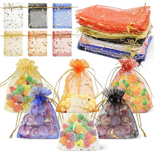 YiiHHooN 120 Stück Organzasäckchen Klein, 9x12 cm Kleine Säckchen Zum Befüllen, Mond und Sternmotiven Geschenksäckchen mit Kordelzug Schmucksäckchen für Hochzeit Taufe Party Weihnachten